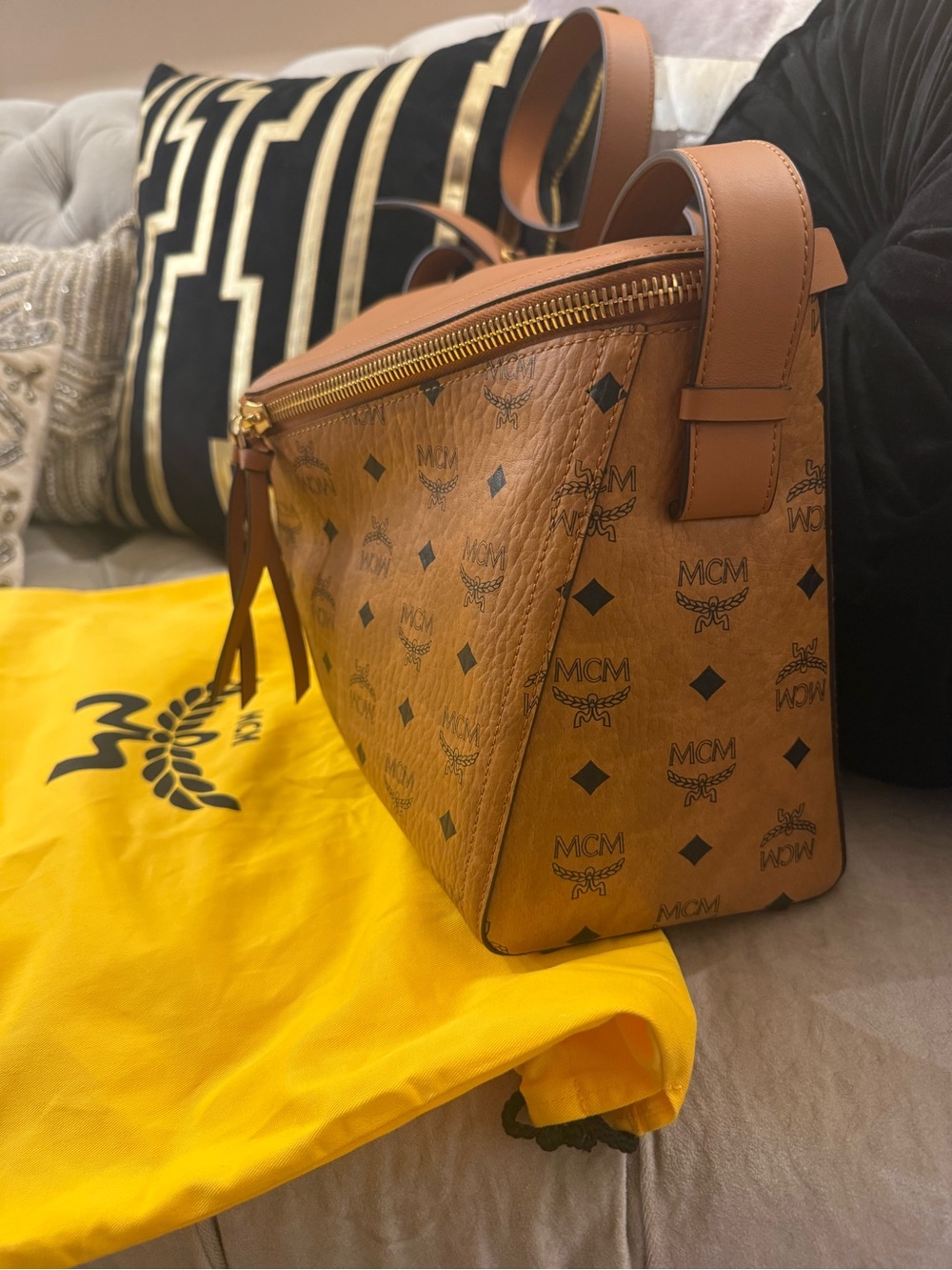 MCM Mustard Yellow Suede Interior with Embossed Leather Patch - Picture 11 of 16